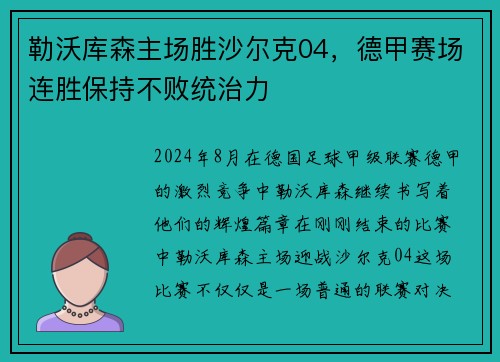 勒沃库森主场胜沙尔克04，德甲赛场连胜保持不败统治力