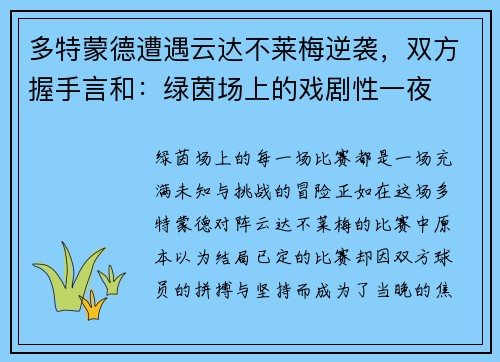 多特蒙德遭遇云达不莱梅逆袭，双方握手言和：绿茵场上的戏剧性一夜