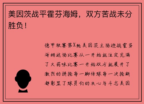 美因茨战平霍芬海姆，双方苦战未分胜负！